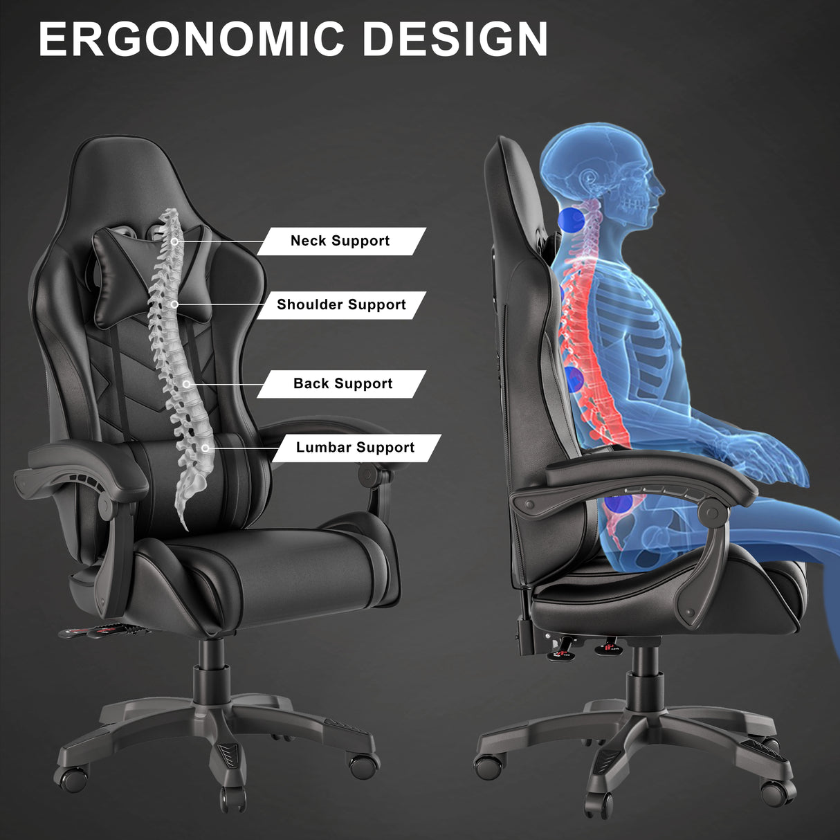 Ergonomic desk chair with labeled support features and a skeleton illustration on a dark background.