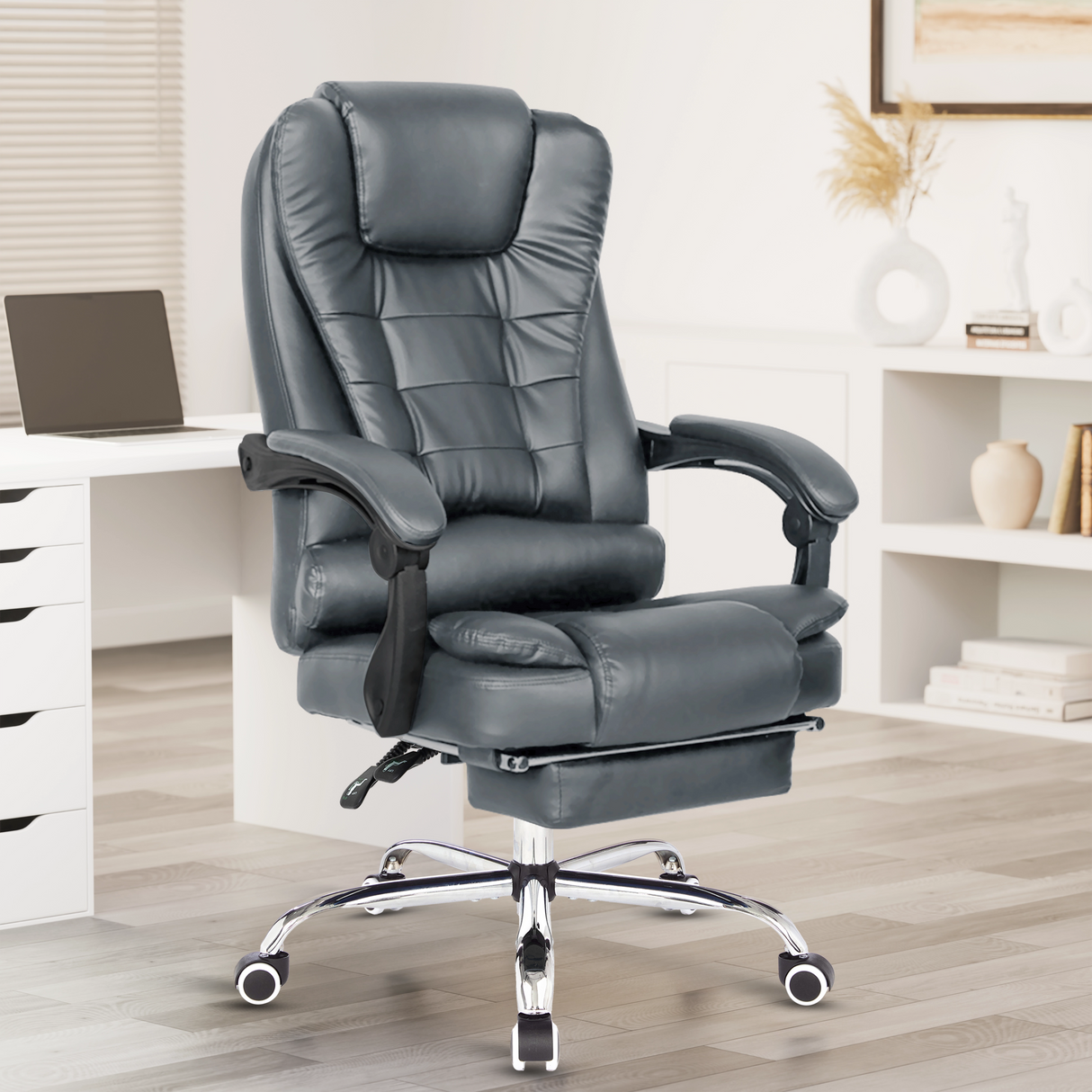 Grey home office chair shown front-on, designed for comfortable sitting during long work hours.