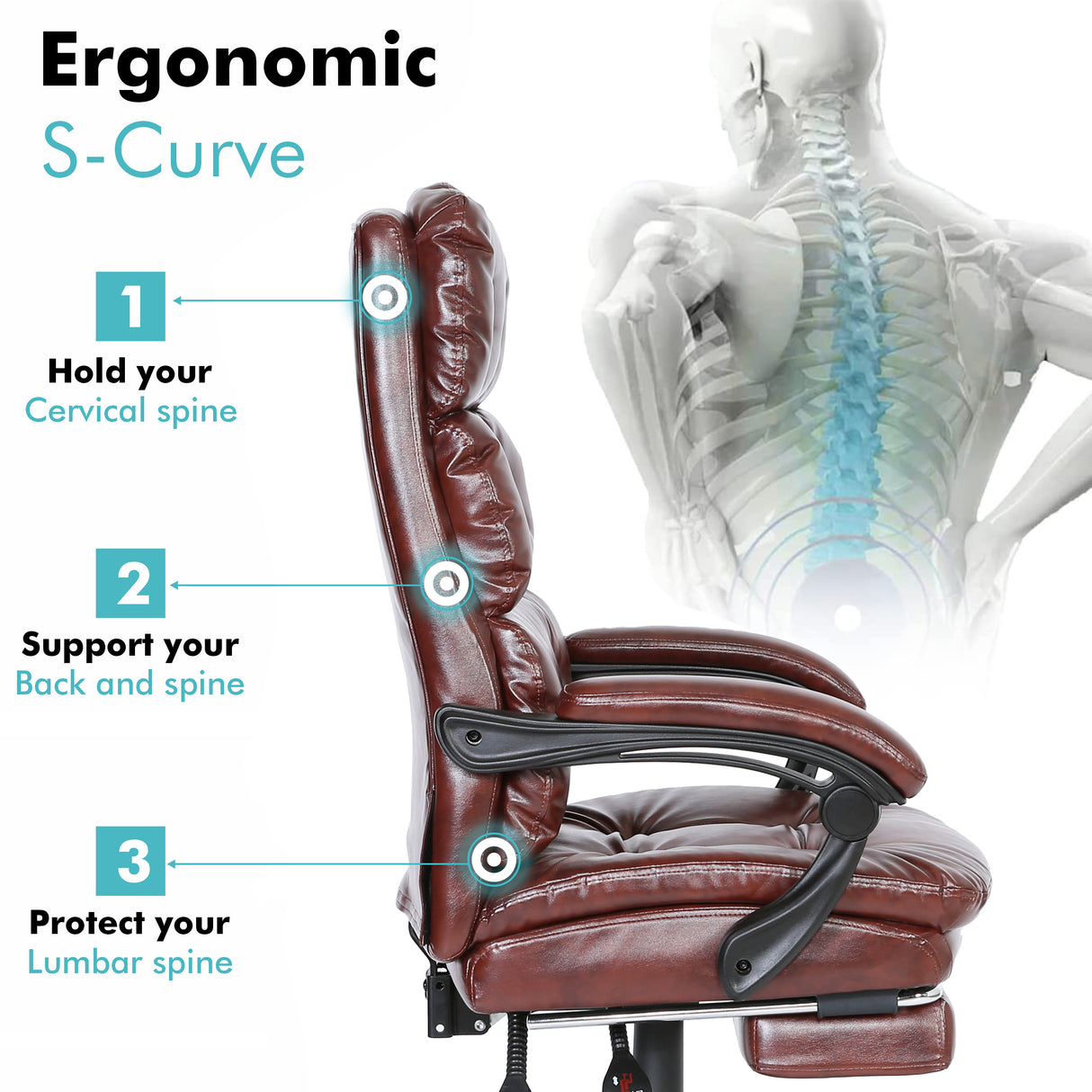 Ergonomic executive office chair with S-curve design to support your back and cervical spine.