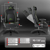 [Black] Ergonomic Gaming Chair with Headrest detailing seat width, height ranges, and backrest proportions.