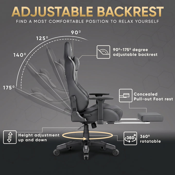 [Dark Grey + Light Grey] Diagram highlighting the 90-175 degree adjustable backrest features of the ergonomic gaming chair.