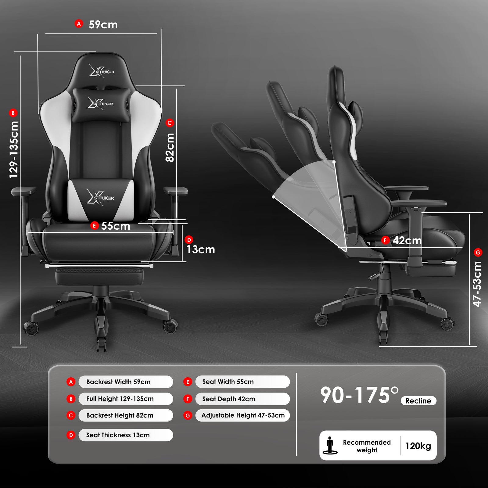  [Black + White] Dimension chart for the Ergonomic Gaming Chair with Footrest detailing seat width and recline range.