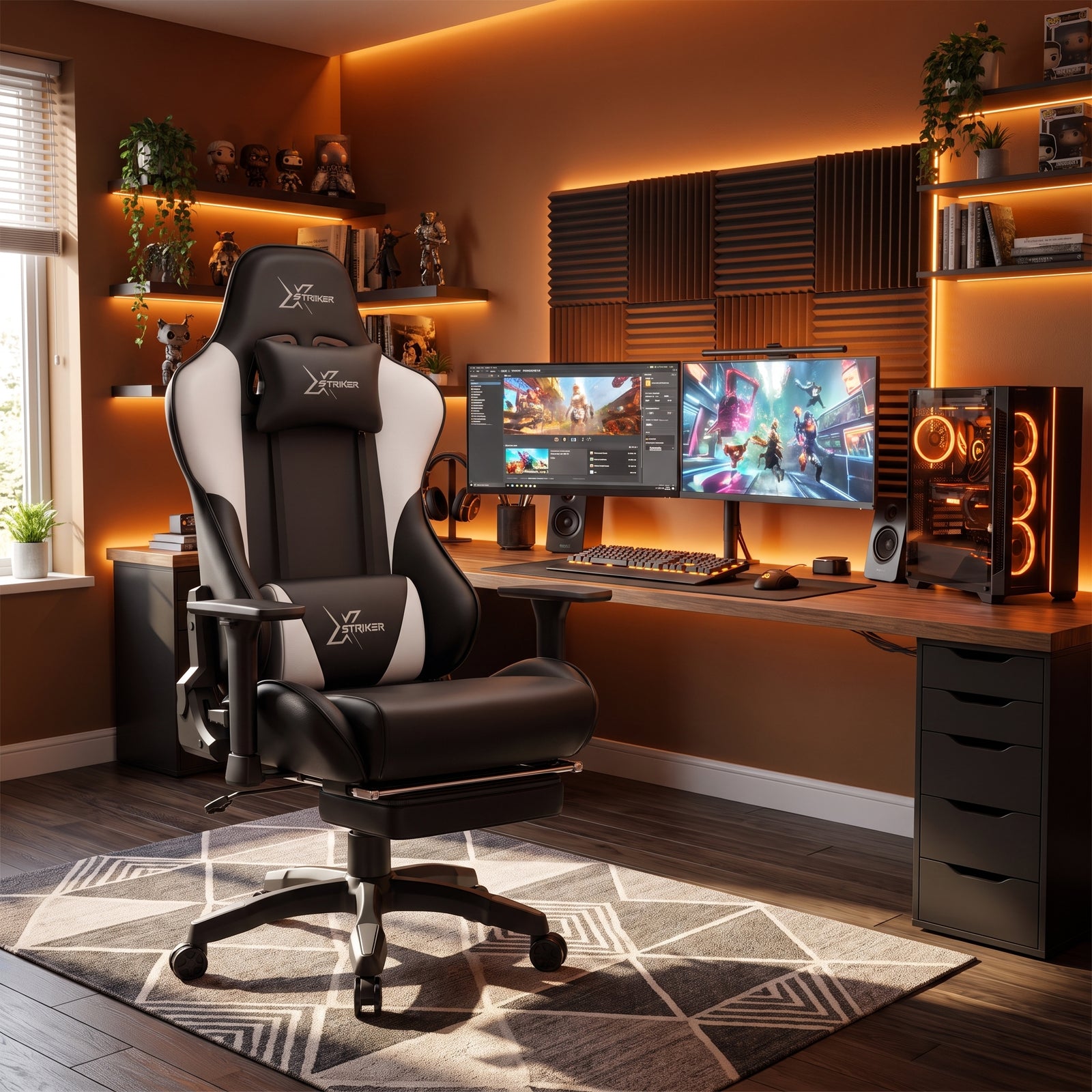 [Black + White] Ergonomic Gaming Chair with Footrest positioned at a gaming desk with warm ambient lighting.