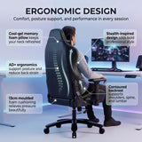 [Black] Diagram highlighting ergonomic features such as the memory foam pillow, backrest support, and 13cm cushion.