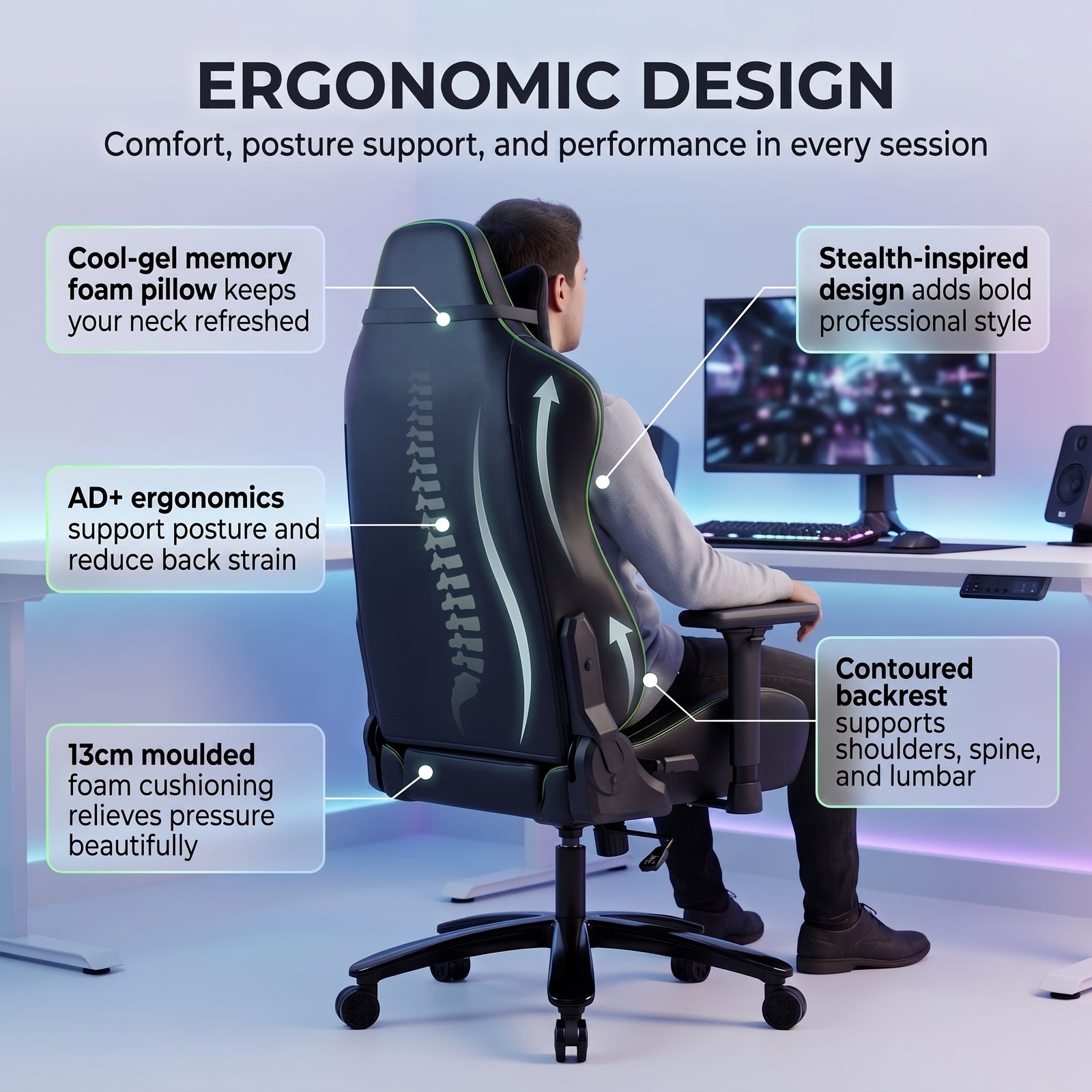[Black] Diagram highlighting ergonomic features such as the memory foam pillow, backrest support, and 13cm cushion.
