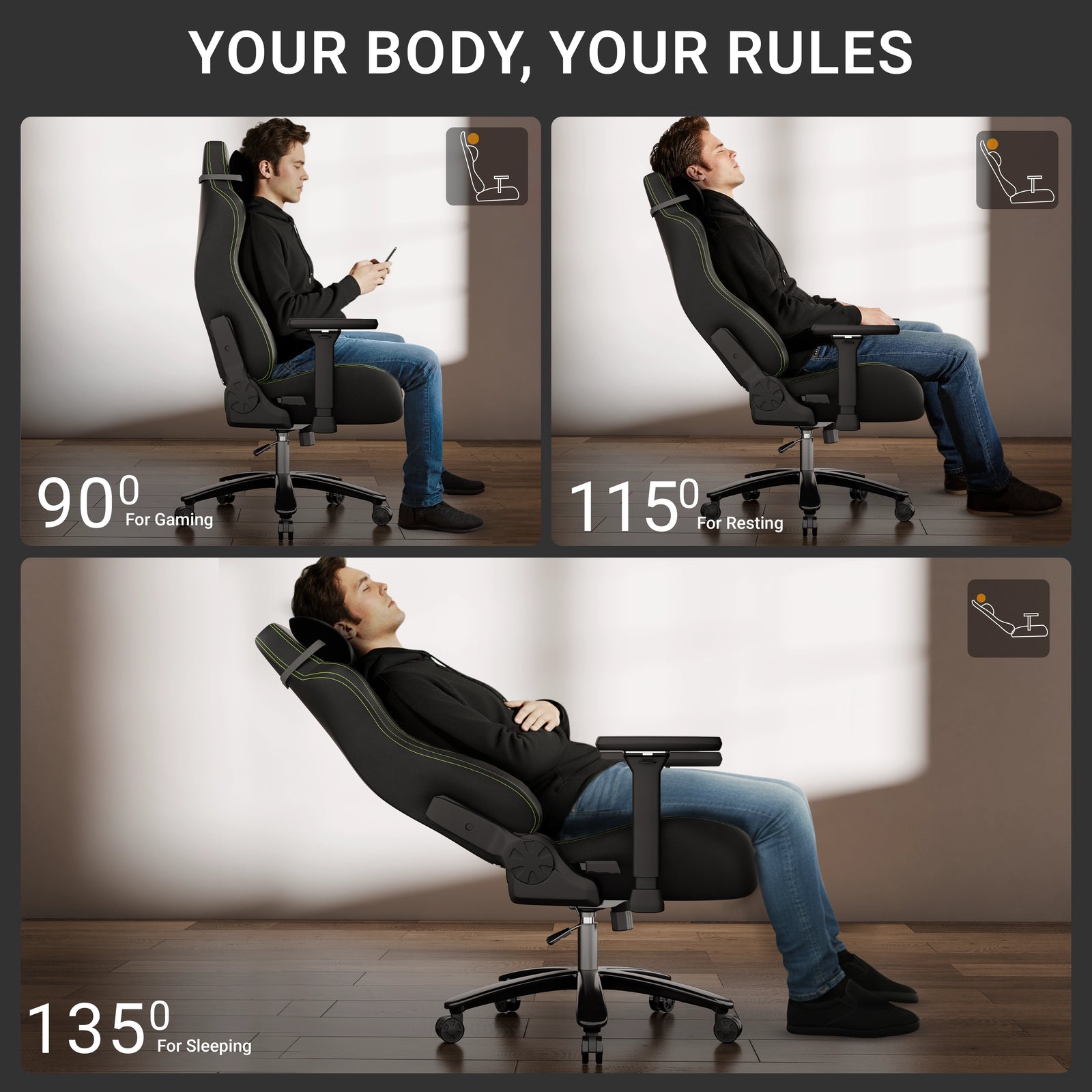 [Black] recline positions at 90 degrees for gaming, 115 degrees for resting, and 135 degrees for sleeping.
