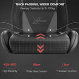 [Black + White] Graphic highlighting the 55cm wide seat cushion and 13cm thick padding of the ergonomic gaming chair.