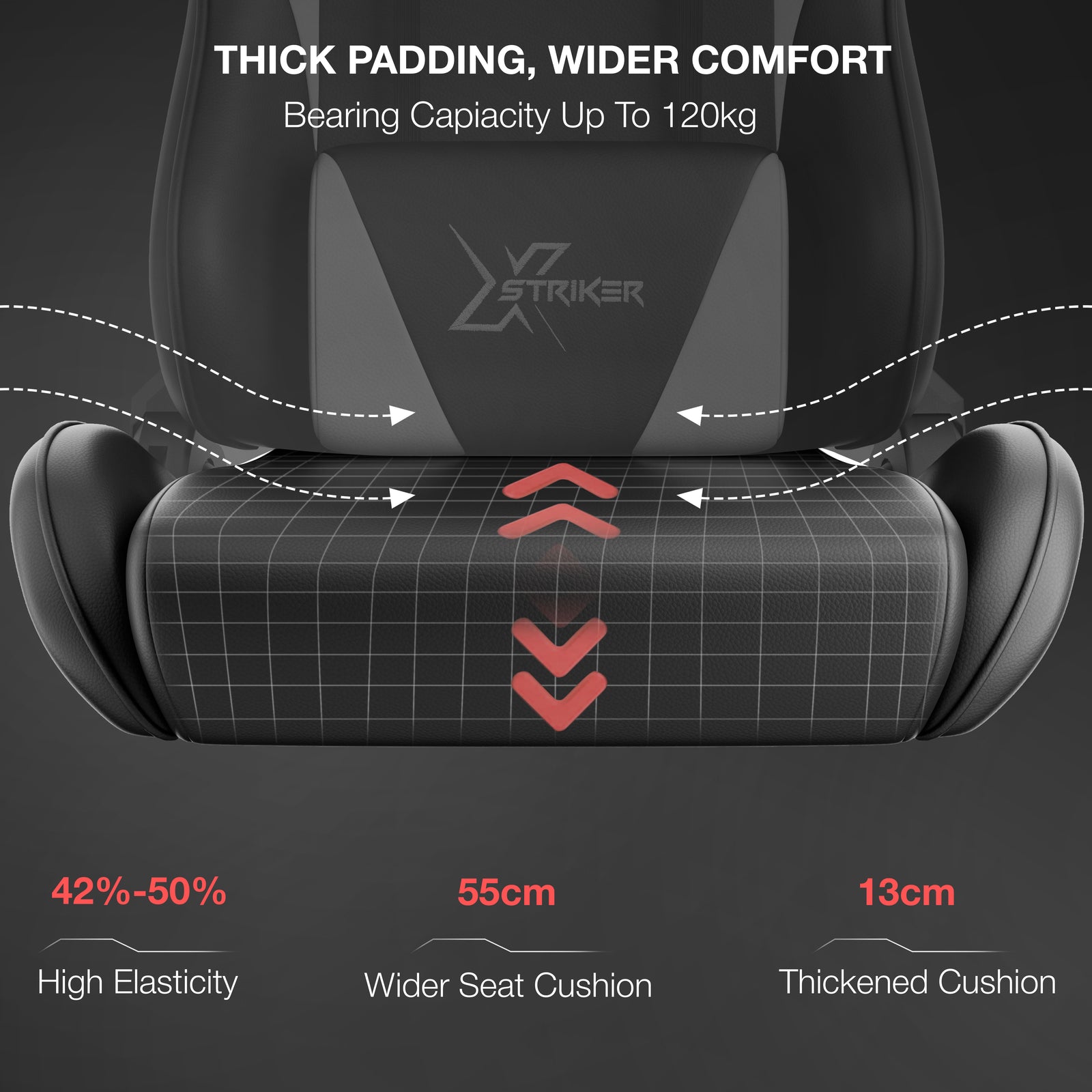 [Black + White] Graphic highlighting the 55cm wide seat cushion and 13cm thick padding of the ergonomic gaming chair.