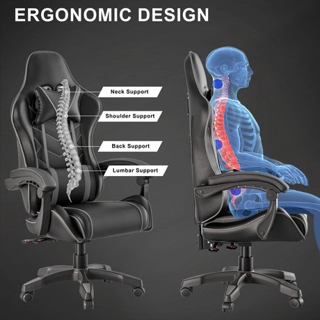 Ergonomic office chair with labeled support features and a skeleton illustration on a dark background.