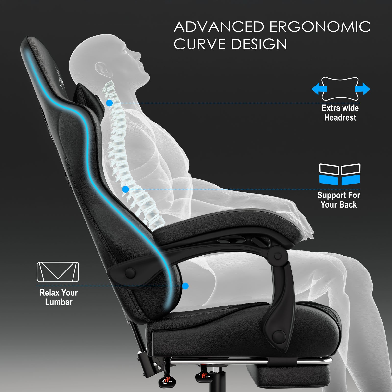 [Black] Xstriker ergonomic gaming chair features ergonomic curve design with lumbar support, extra wide headrest, and reclining backrest for posture comfort.