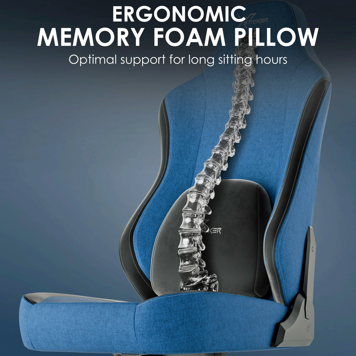 Ergonomic memory foam lumbar support on Xstriker blue gaming chair enhances spine alignment and comfort.