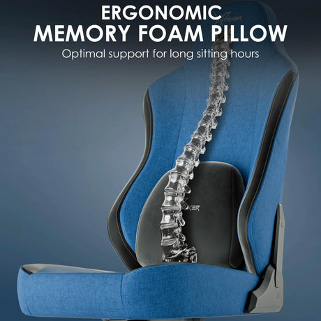 Ergonomic memory foam lumbar support on Xstriker blue gaming chair enhances spine alignment and comfort.