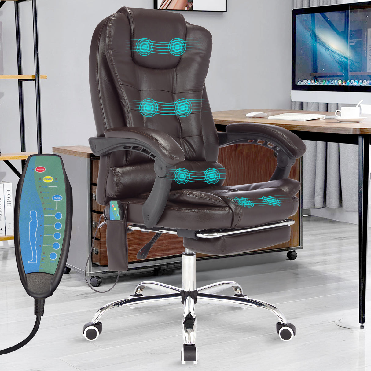 Luxury black leather office chair with ergonomic design and padded armrests.