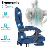 Ergonomic S-curve blue swivel recliner chair with cushions and lumbar support for enhanced comfort