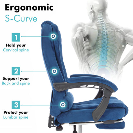 Ergonomic S-curve blue swivel recliner chair with padded cushions and lumbar support for enhanced comfort