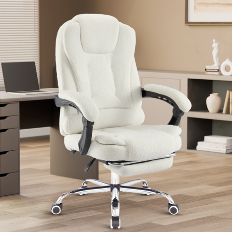 White fur fabric comfortable desk chair displayed front-on with ergonomic design for long hours.