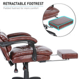 Executive office chair with retractable padded footrest for enhanced comfort and relaxation.