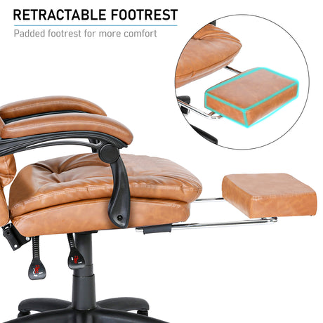 Executive leather office chair with retractable padded footrest for enhanced comfort.