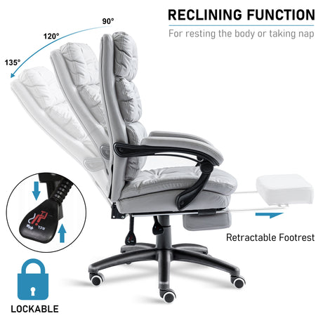 Side profile of office chairs showing 90–135° recline range, under-seat knob, and extended footrest in use.