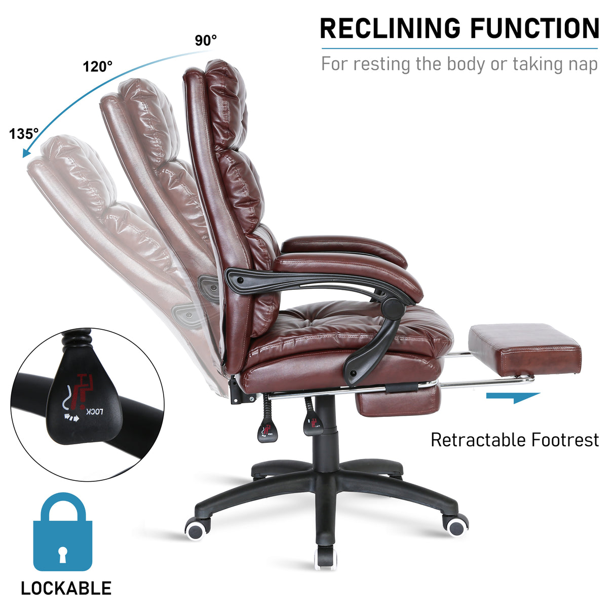 Executive leather office chair with reclining function for resting and taking naps.