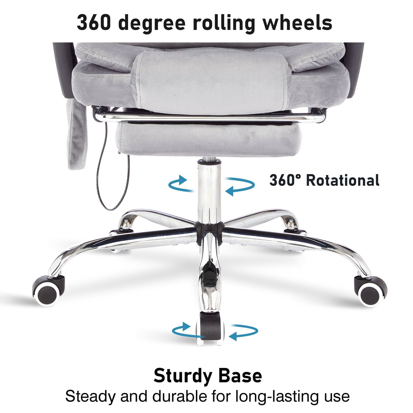 Executive massage office chair with 360-degree rolling wheels for smooth mobility.
