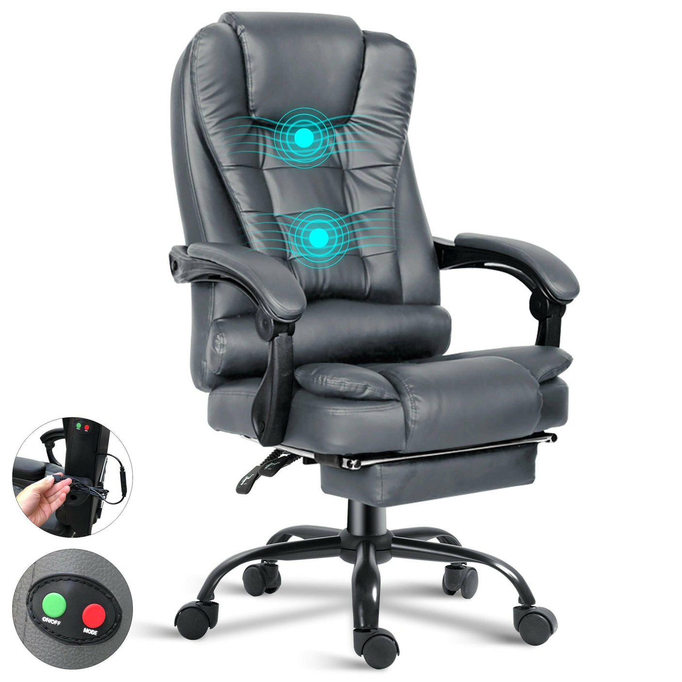 Stylish grey executive office chair  massage, PU premium leather for ultimate comfort.