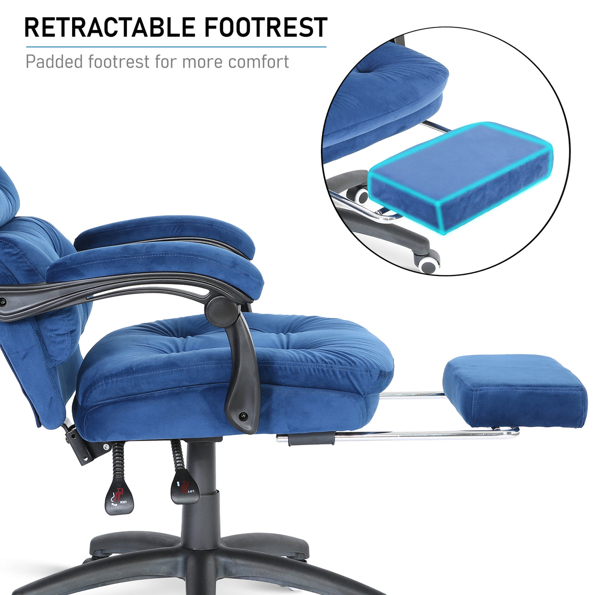 Executive office chair with retractable, padded footrest for enhanced comfort and relaxation.