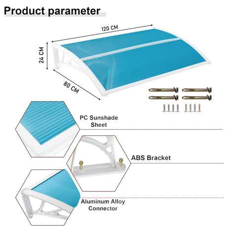 Exterior door canopy with blue PC sunshade sheet, ABS brackets, and aluminum alloy connectors,