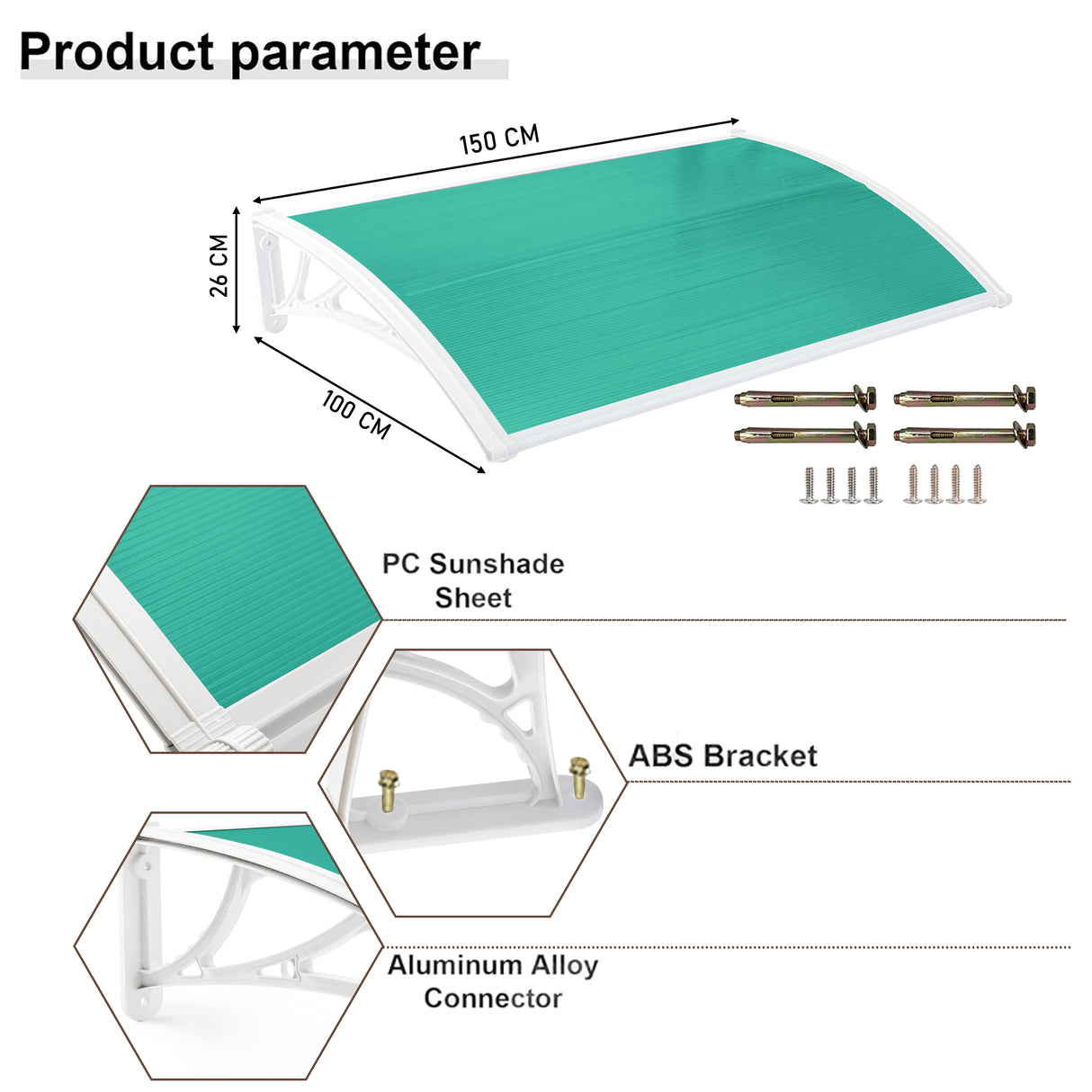 Durable external door canopy uk with PC sunshade, ABS bracket, and aluminum alloy connector.