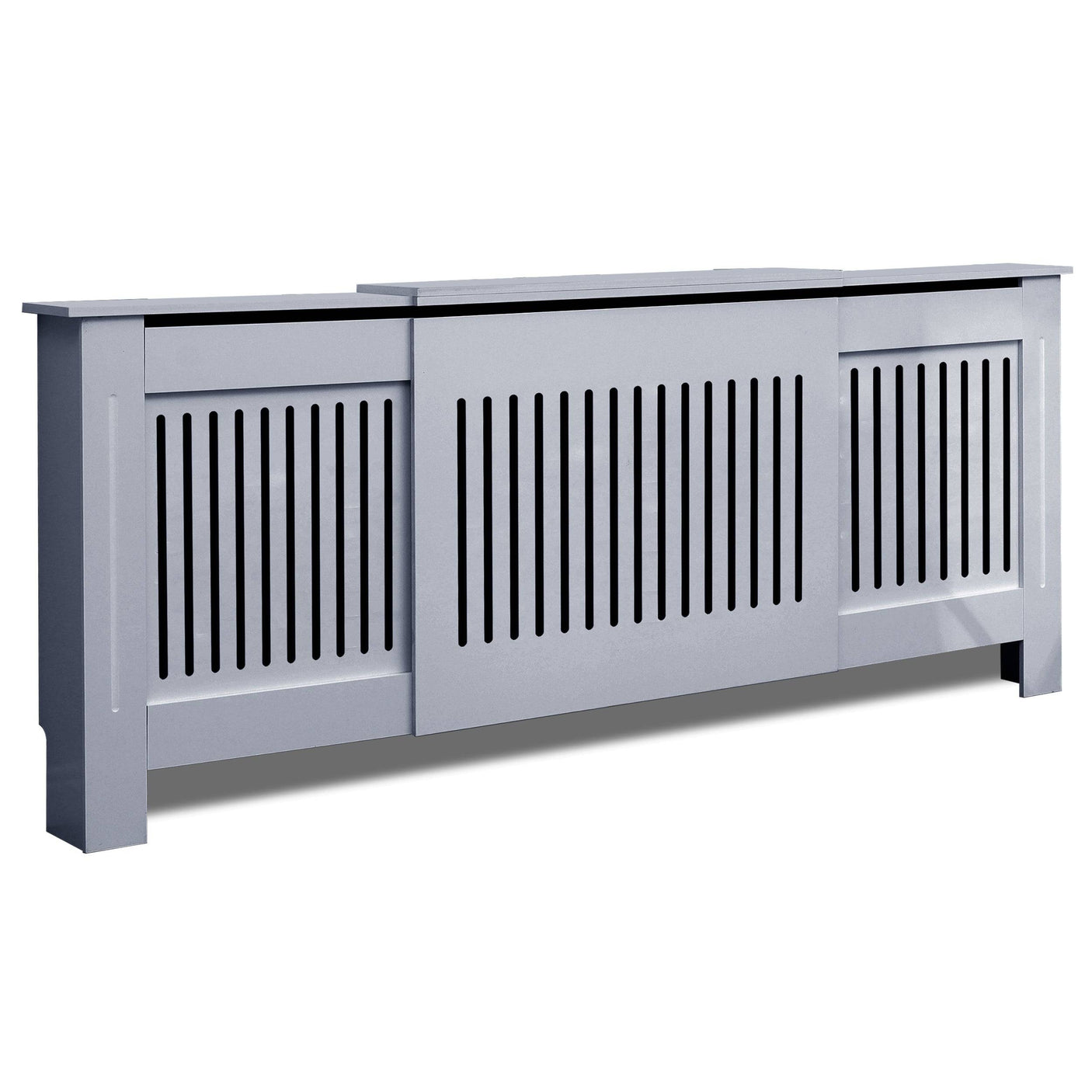 Extra large adjustable radiator cover with slatted design.