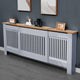 Extra large adjustable radiator covers with slatted design and wooden top panel