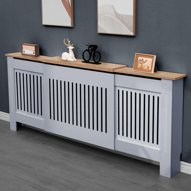 Extra large adjustable radiator covers with slatted design and wooden top panel