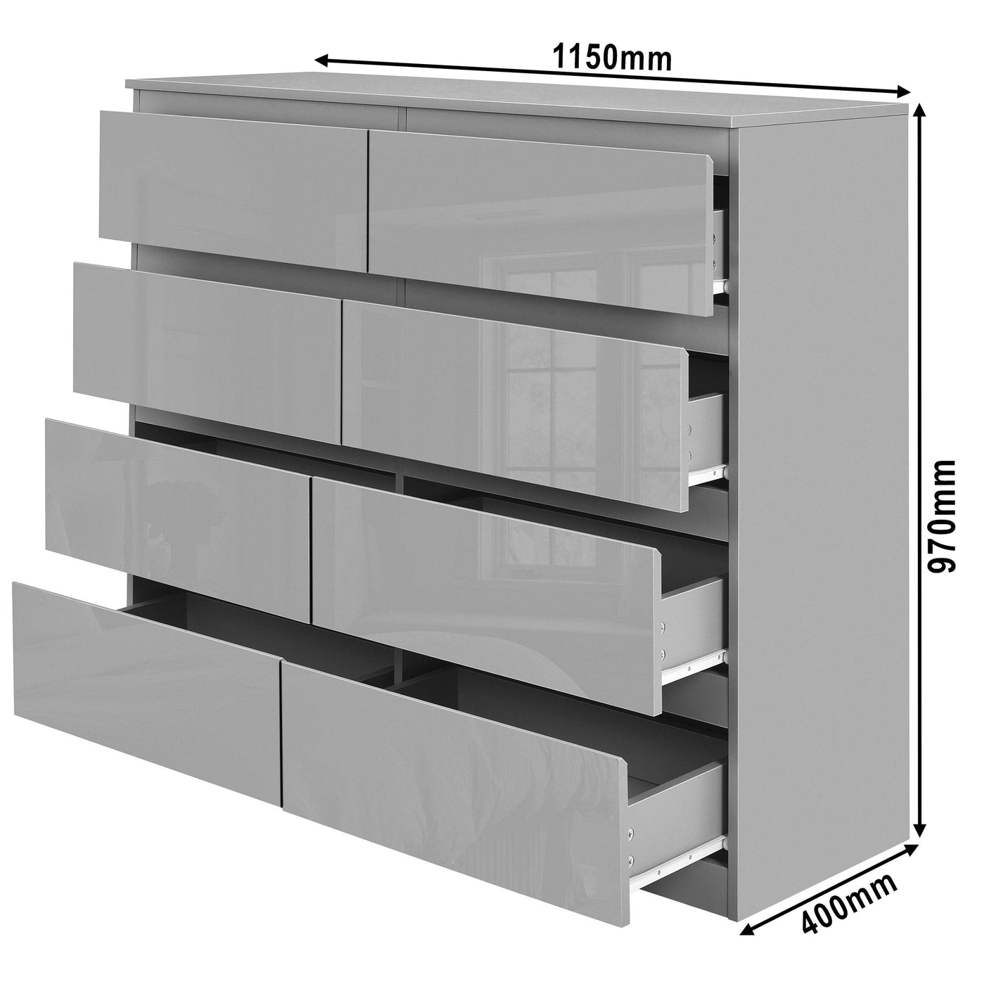 Extra wide chest of drawers UK – storage solution with modern design. Includes detailed dimensions.