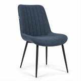 [Blue | Set of 2] Angled view of fabric dining chair with curved back, padded seat and black metal legs