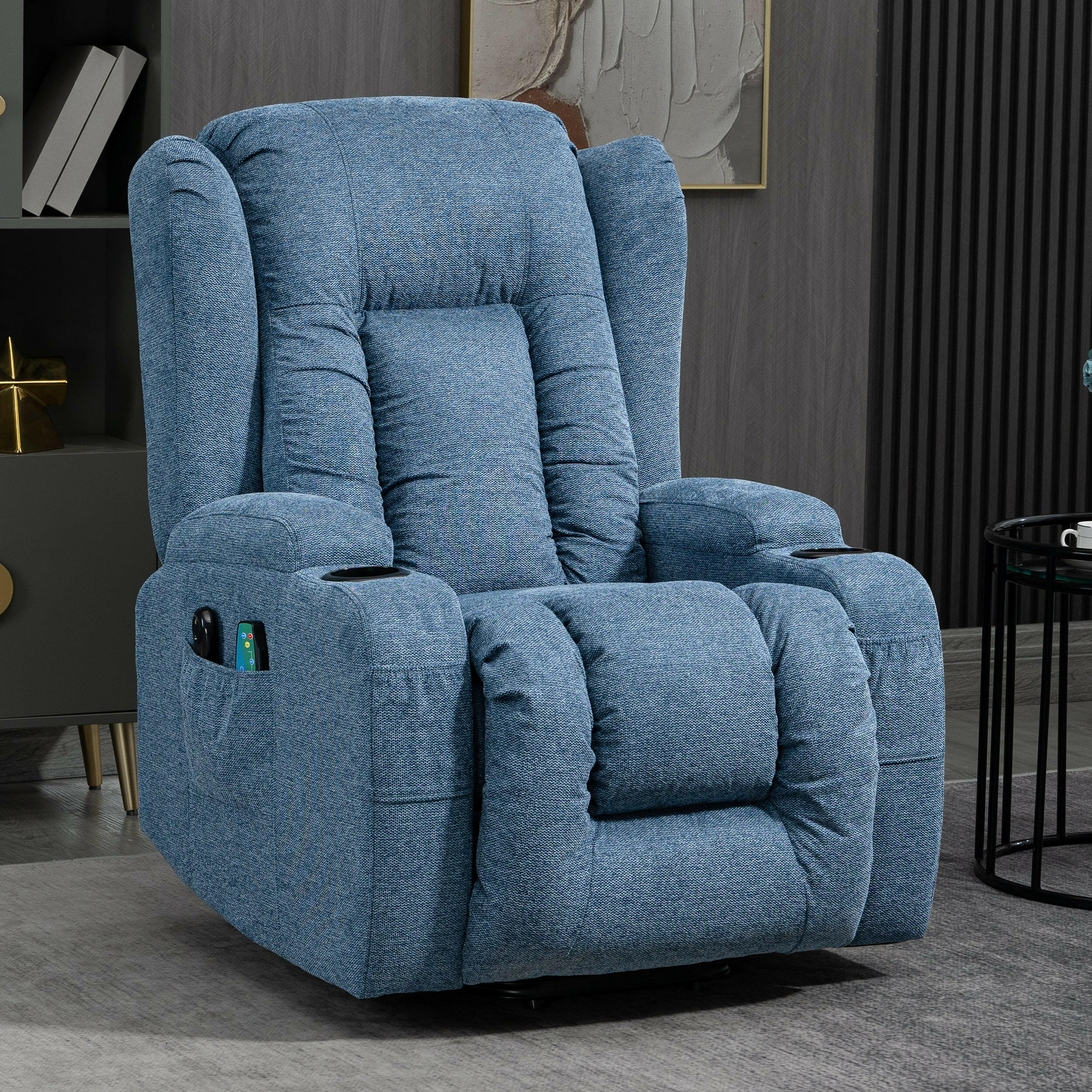 Blue fabric electric recliner chairs uk  homes ,with side storage pockets and modern design.