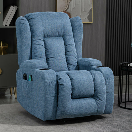 Blue fabric electric recliner chairs uk  homes ,with side storage pockets and modern design.