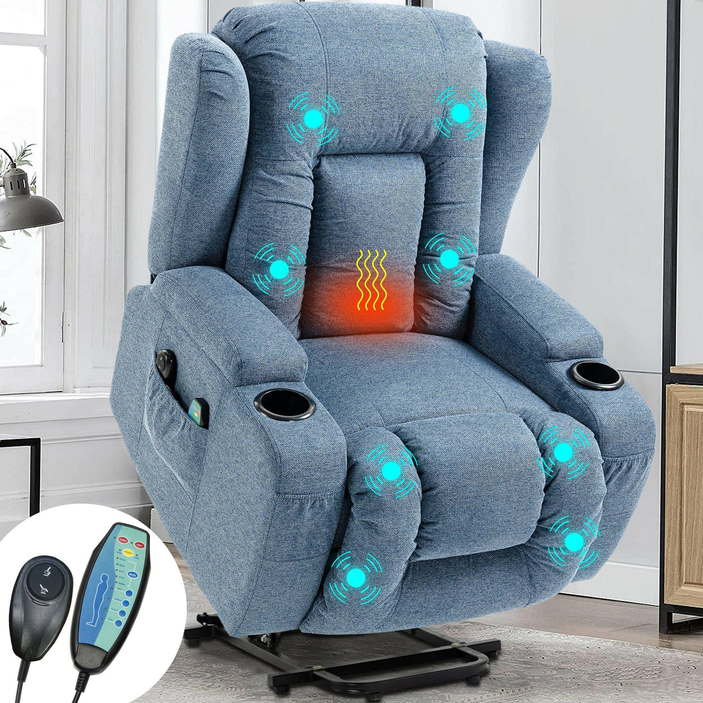 Blue electric riser recliner chair for elderly with heat and massage, cup holders, and remote control. Ideal for living room comfort and mobility aid.
