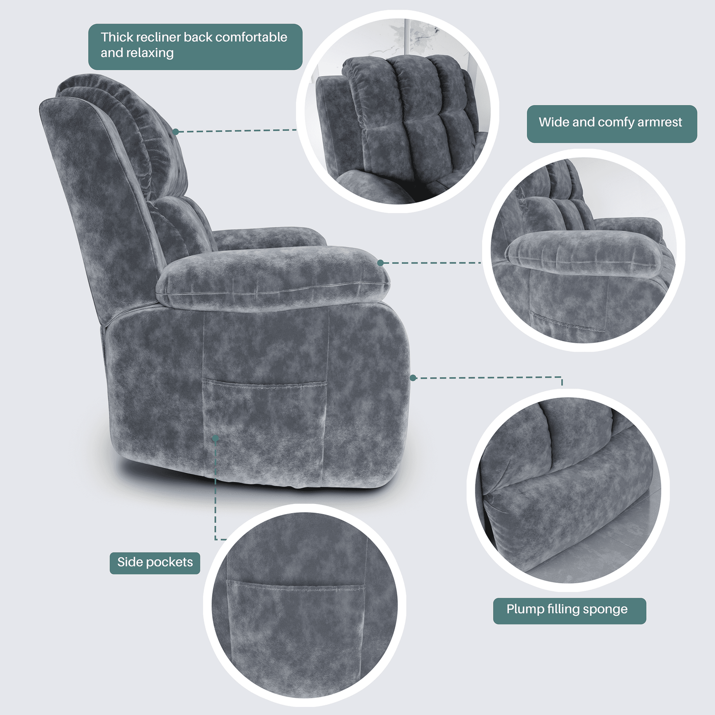 Close-up of Blisswood velvet recliner chair showing wide armrests, thick backrest, side pockets, and plump sponge filling for enhanced comfort.