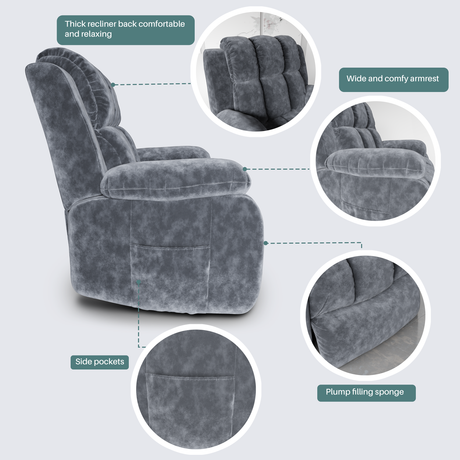 Comfortable fabric recliner armchair with padded cushioning, adjustable backrest, and footrest.