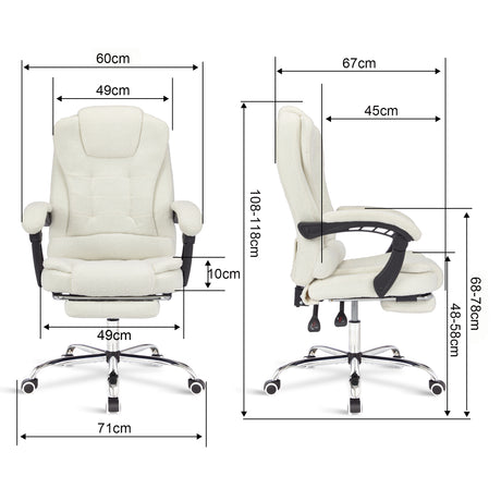 Fabric recliner swivel chair with detailed chair dimensions for a perfect fit in any space.