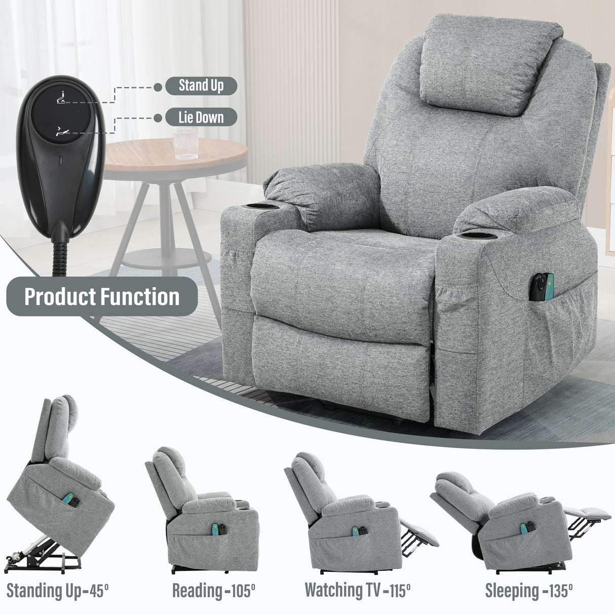 Fabric riser recliner chairs with multi-function options for standing, reading, and reclining.