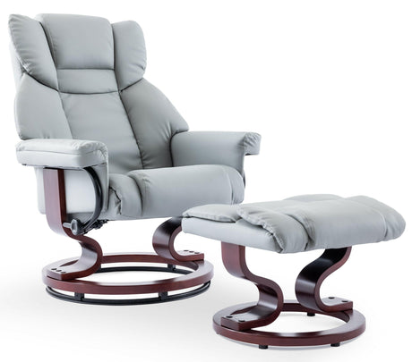 Modern light grey fabric swivel recliner chairs uk interiors,with a matching footrest.