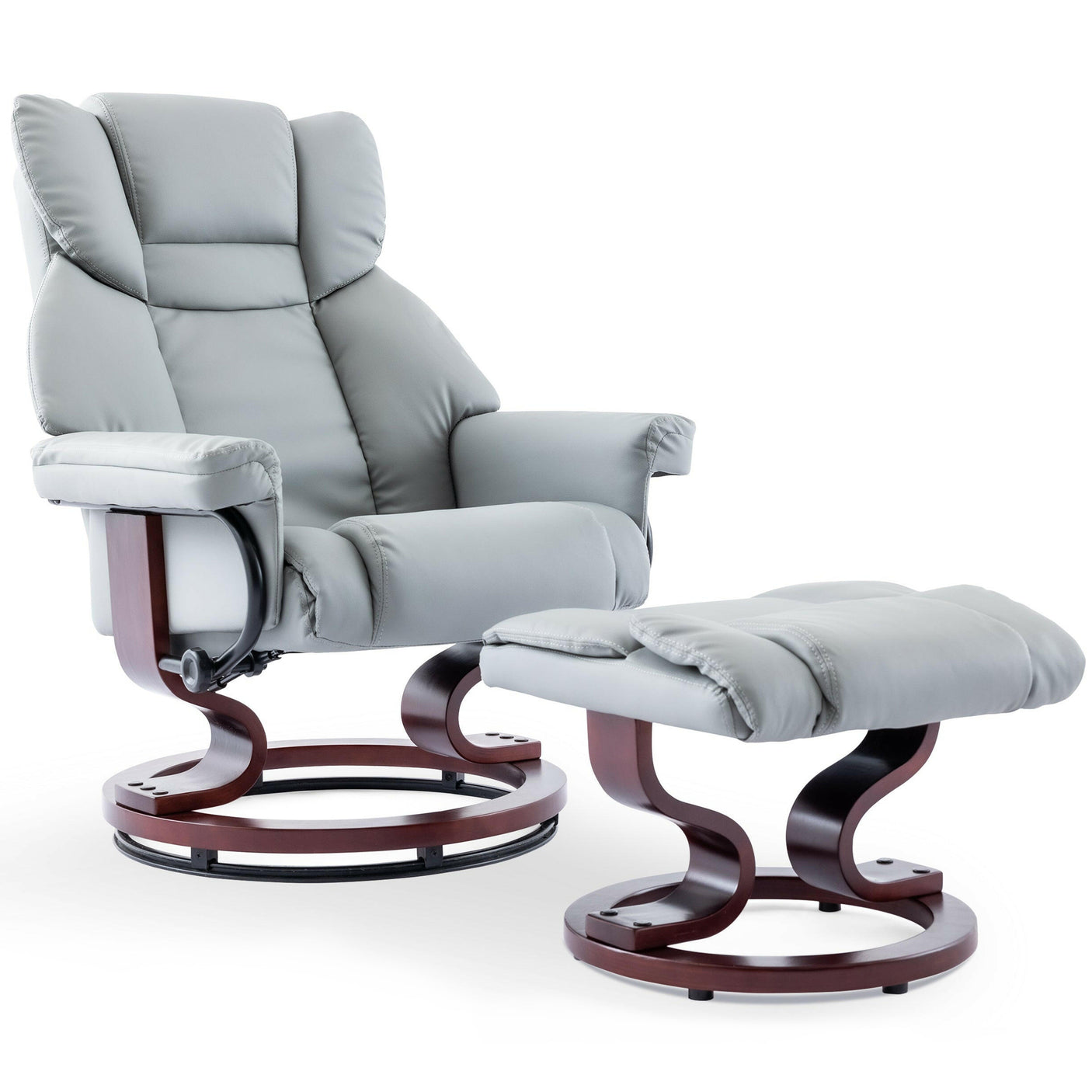 Light grey Recliner Swivel Armchair With Footstool | Lounge Chair with padded seat and bentwood base, perfect for modern home relaxation.
