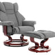 Stylish grey fabric swivel recliner chairs with a matching footstool and curved wooden base.