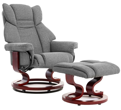 Stylish grey fabric swivel recliner chairs with a matching footstool and curved wooden base.