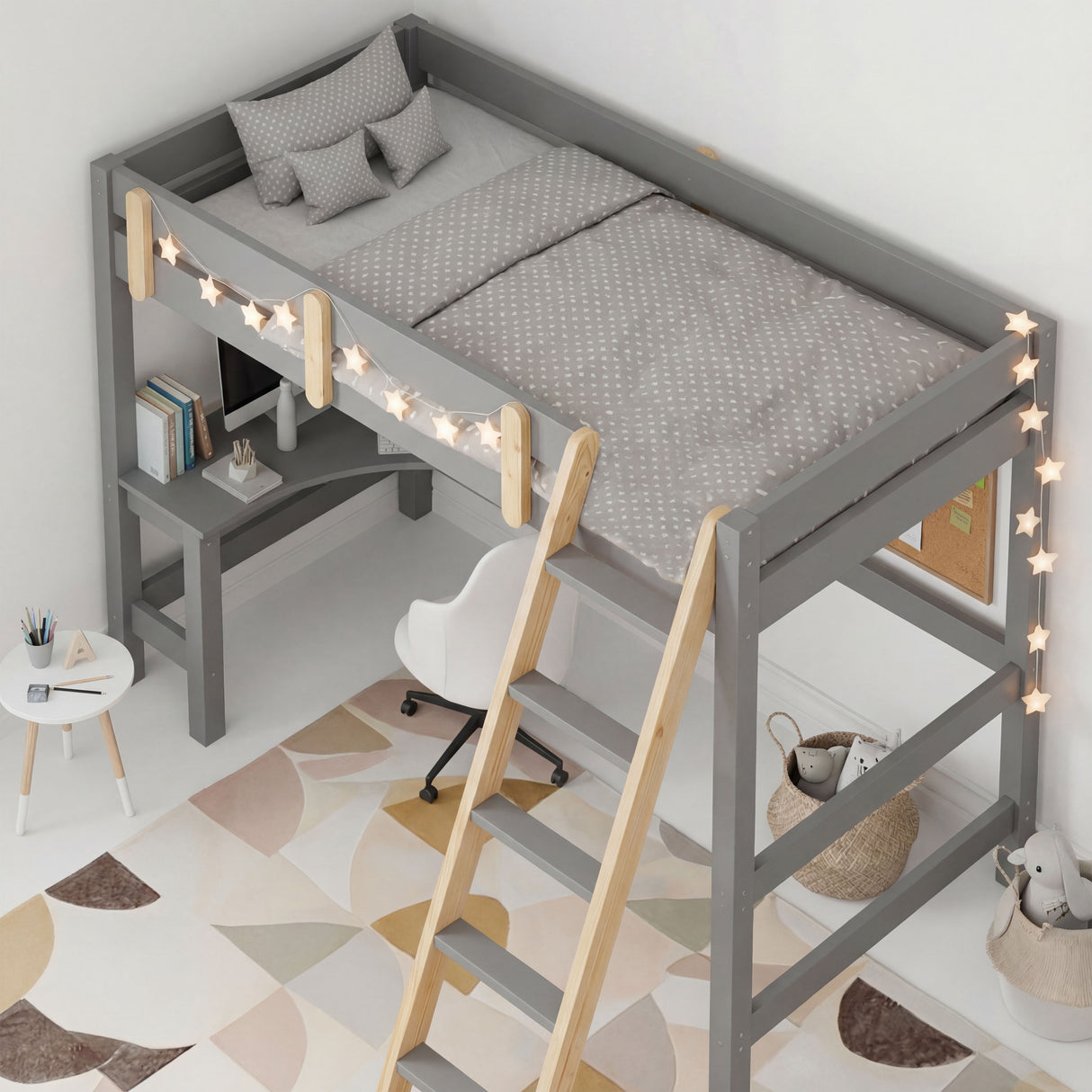 Bunk Bed With Desk - High Sleeper Loft Bed Frame For Kids in grey wood finish with ladder, safety rails, and under-bed study desk setup. Ideal for small bedrooms.