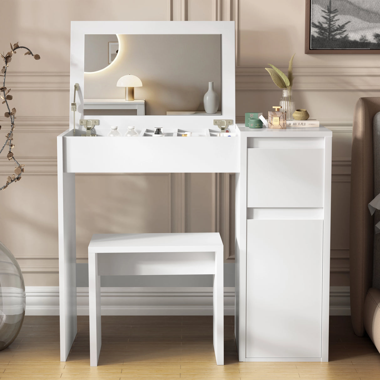 White vanity table with mirror and stool in a room setting