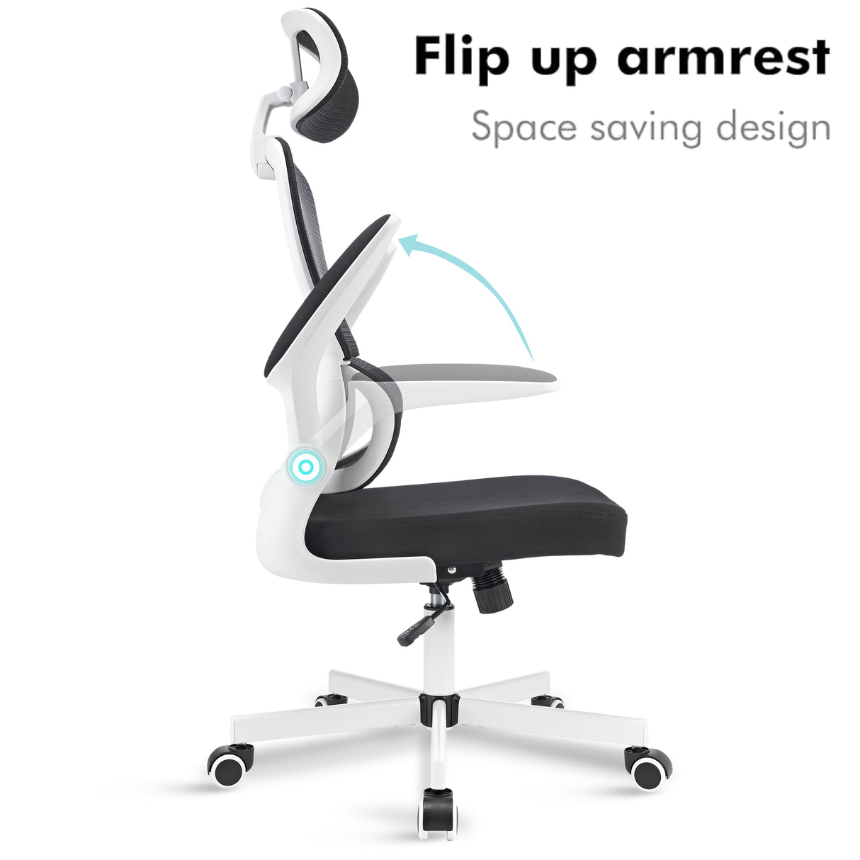 Black and white ergonomic office chair with flip-up armrests for adjustable comfort