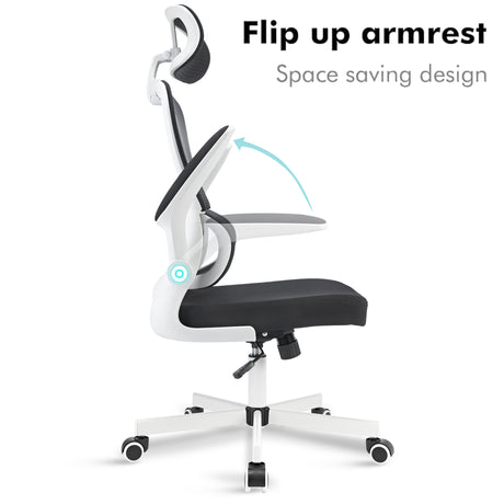 Black and white ergonomic office chair with flip-up armrests for adjustable comfort