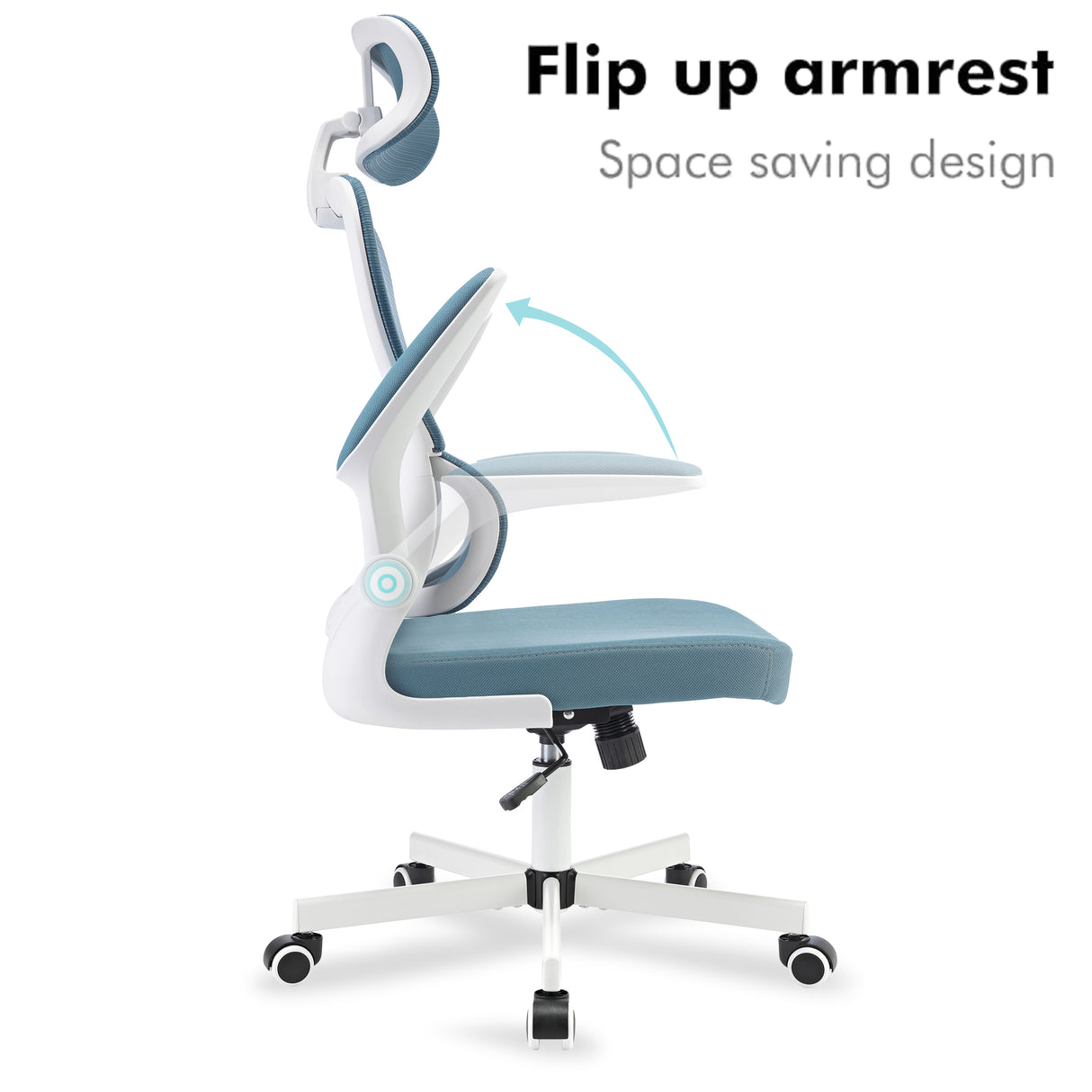 Ergonomic blue office chair with flip-up armrests, breathable mesh, and lumbar support.